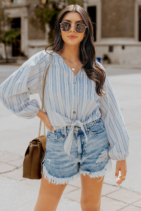 Striped Balloon Sleeve Notched Shirt