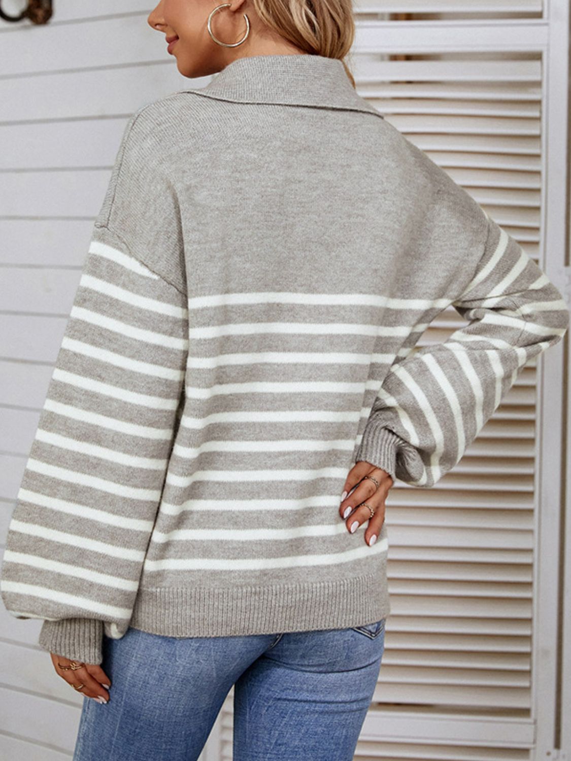 Striped Balloon Sleeve Collared Sweater