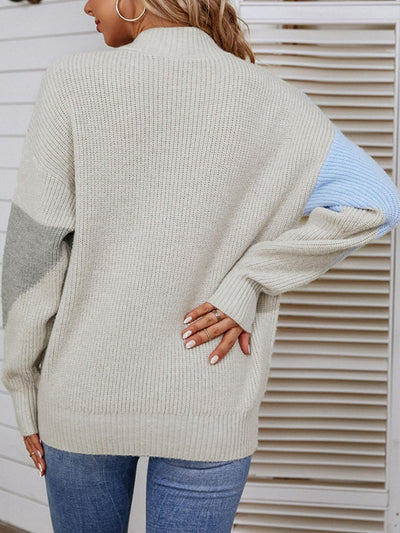 Color Block Dropped Shoulder Mock Neck Sweater