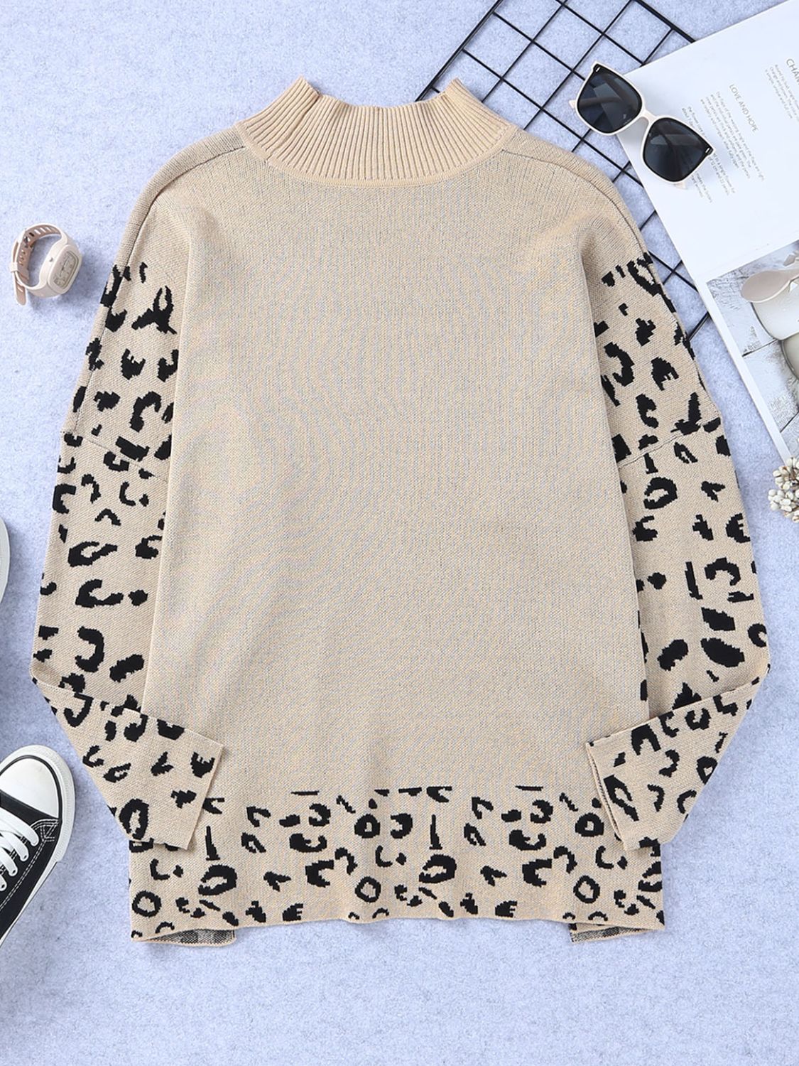 Leopard Side Slit Drop Shoulder Sweater