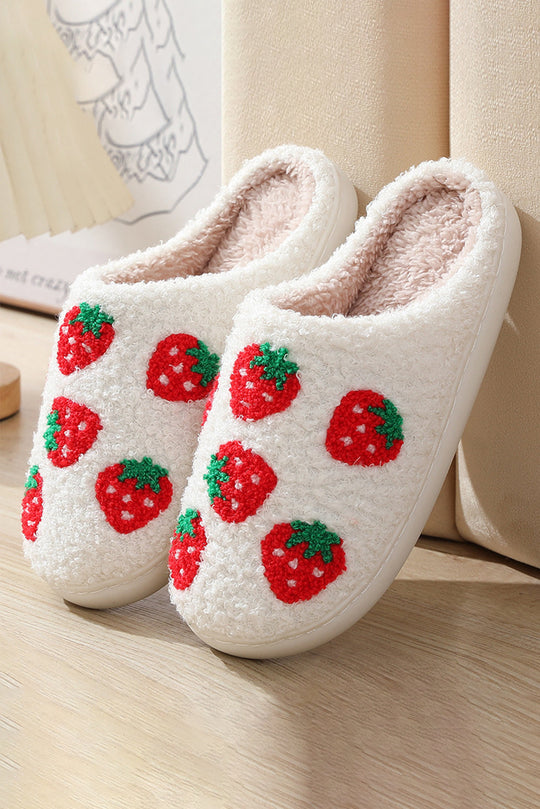 Bright White Cute Fuzzy Strawberry Pattern Home Slippers