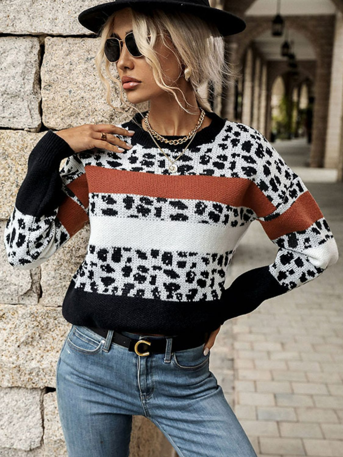 Printed Color Block Round Neck Sweater