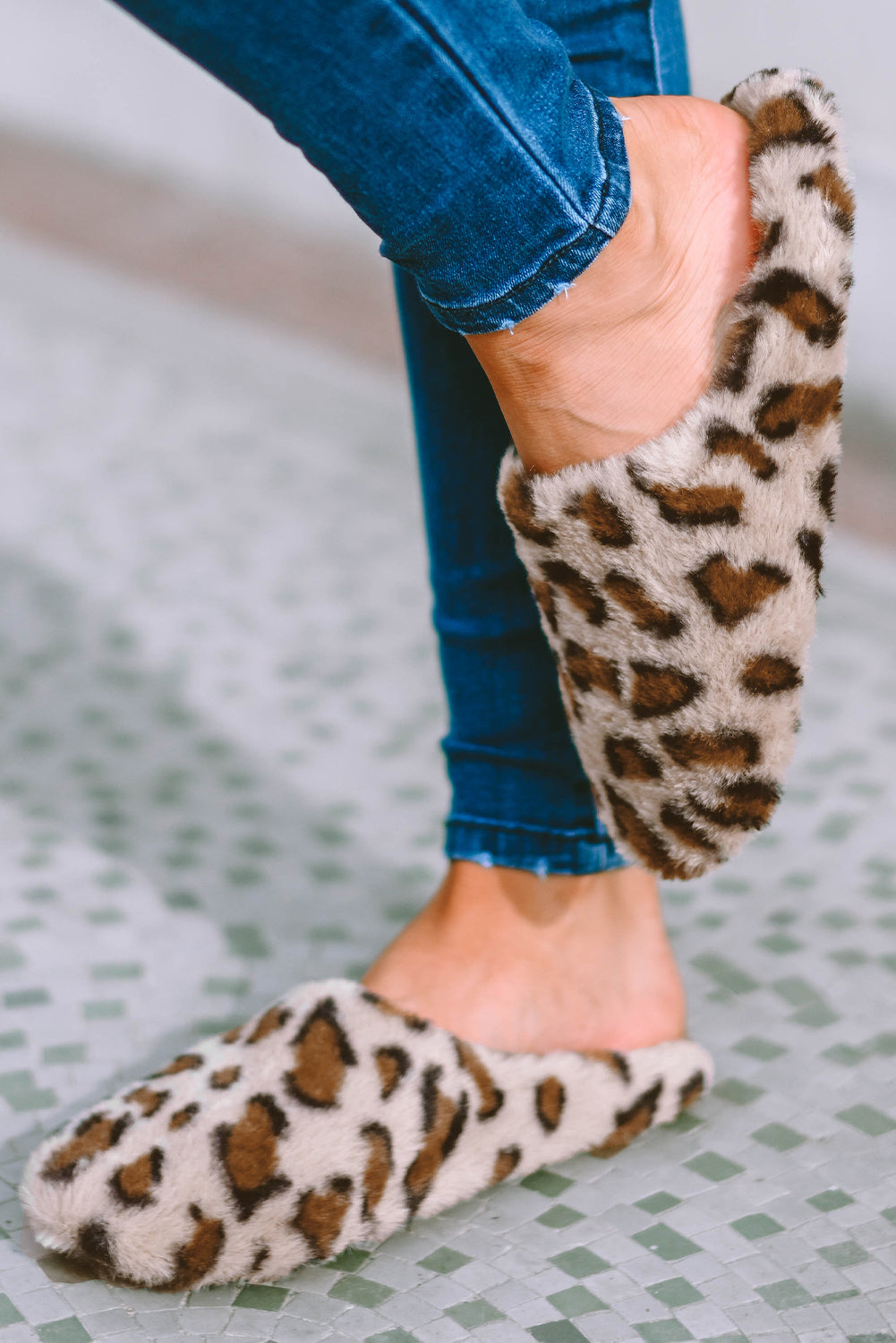 Camel Leopard Print Fuzzy Home Slippers