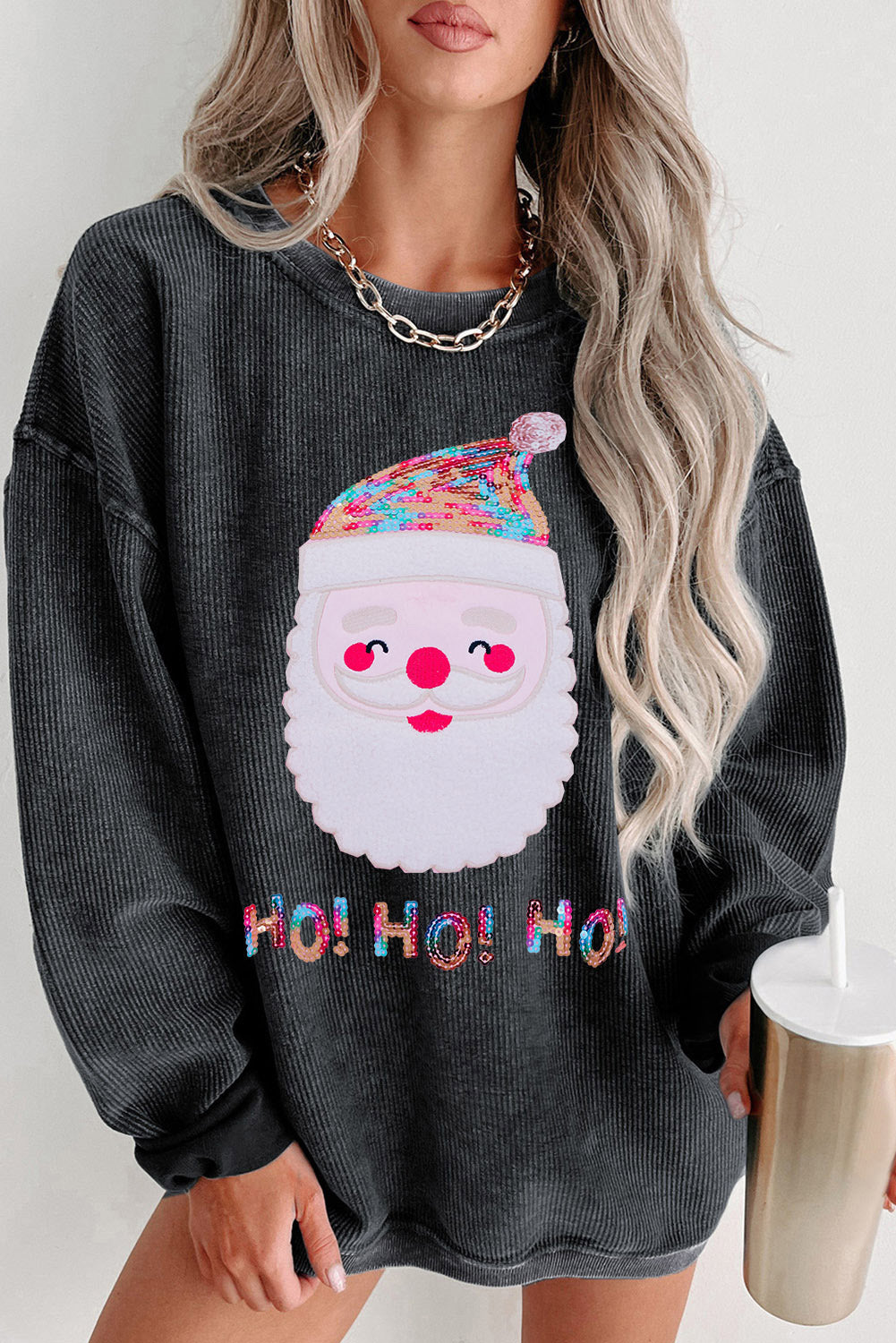Black Sequin HO HO HO Santa Claus Graphic Corded Sweatshirt
