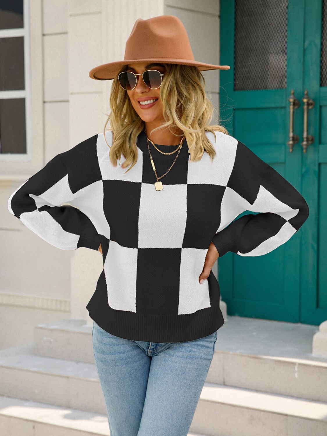 Checkered Dropped Shoulder Knit Pullover