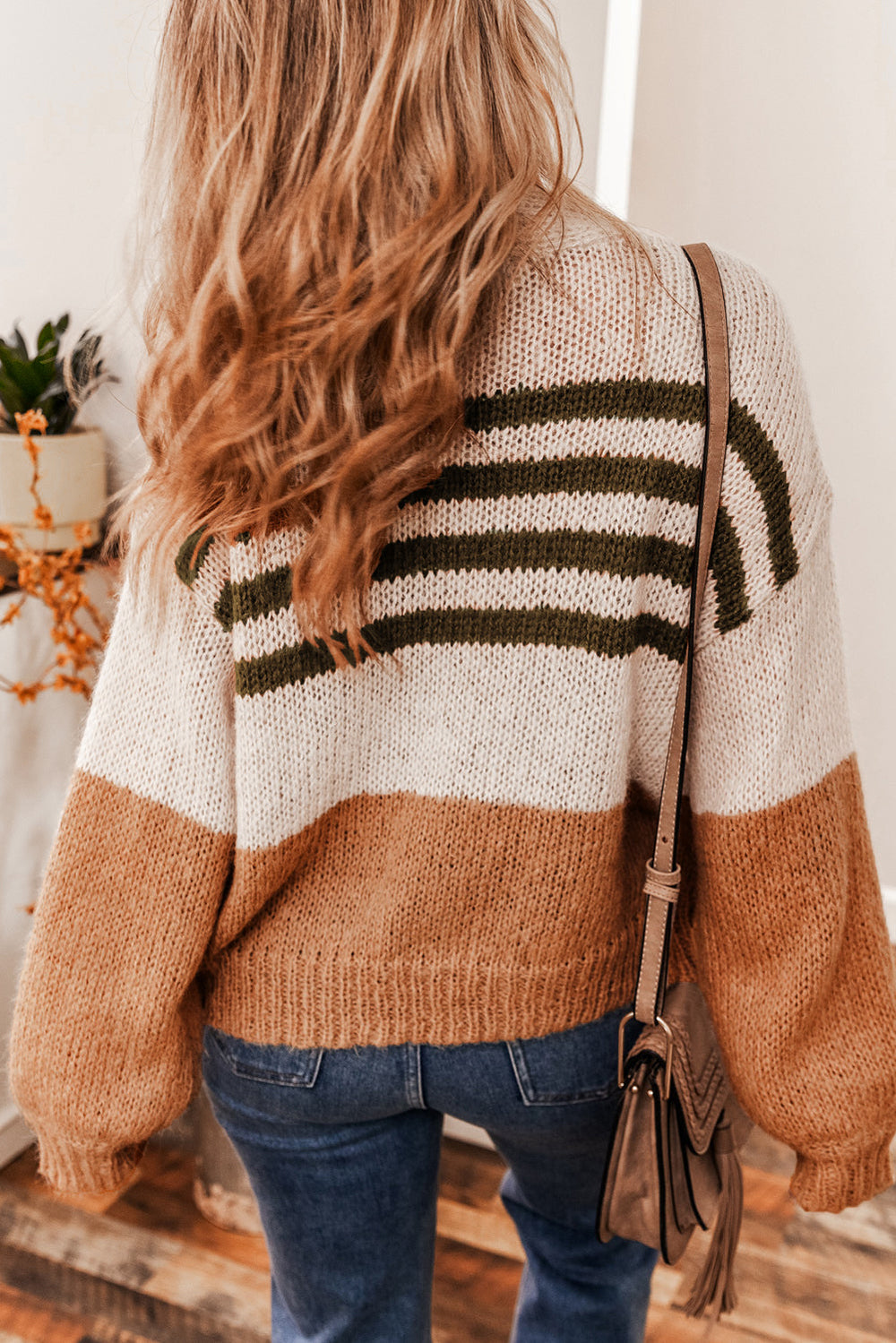 Camel Colorblock Striped Open Front Cardigan