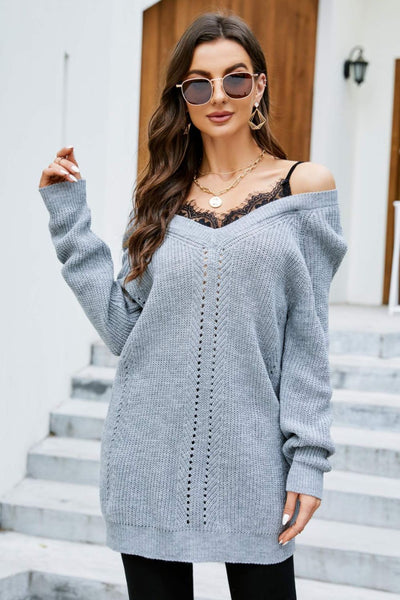 Spliced Lace Cold-Shoulder Tunic Sweater