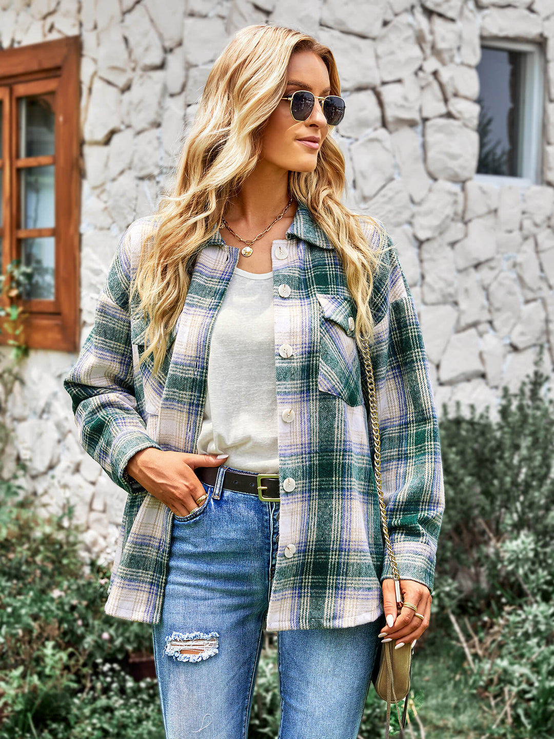 Plaid Button Front Curved Hem Shacket