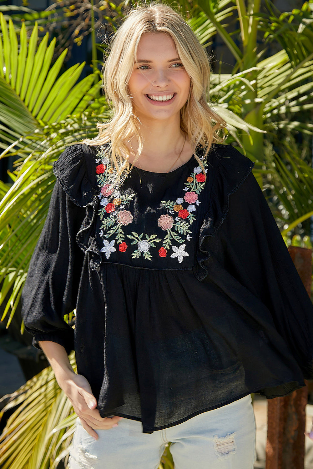 Embroidered Round Neck Ruffled Blouse