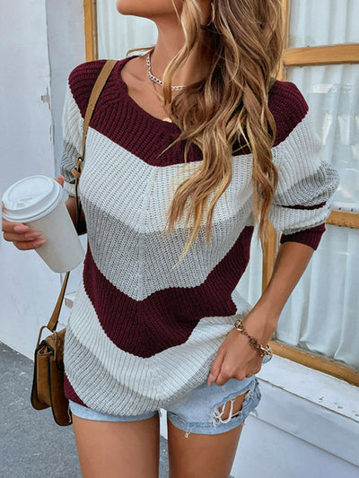 Striped Raglan Sleeve Rib-Knit Sweater