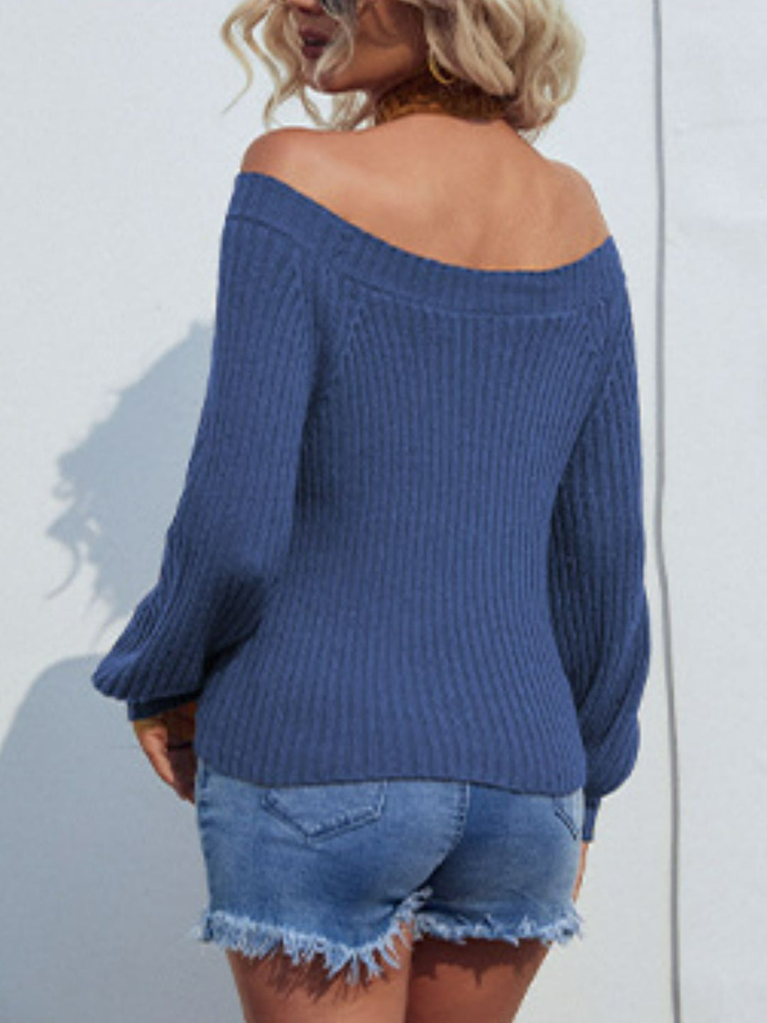 Rib-Knit Halter Neck Lantern Sleeve Sweater