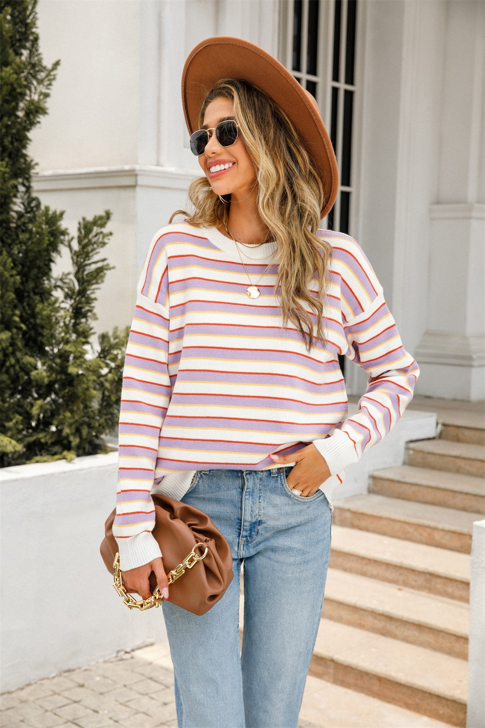 Striped Round Neck Dropped Shoulder Knit Pullover