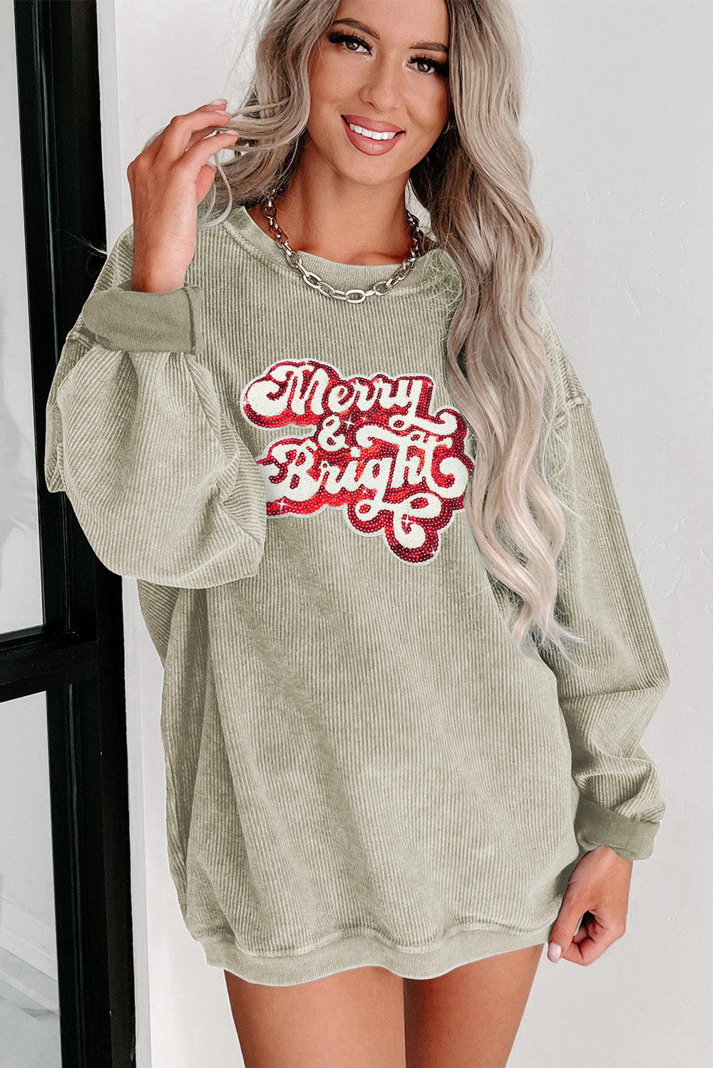 Green Merry & Bright Sequined Ribbed Graphic Sweatshirt