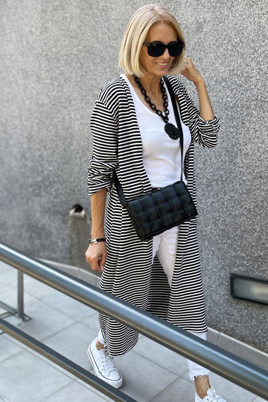 Black and White Striped Print Open Front Long Cardigan