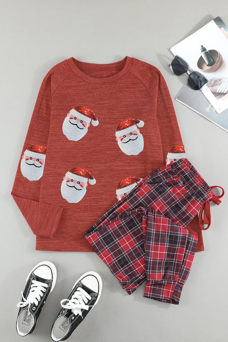 Red Sequined Santa Claus Graphic Top Plaid Pants Lounge Set
