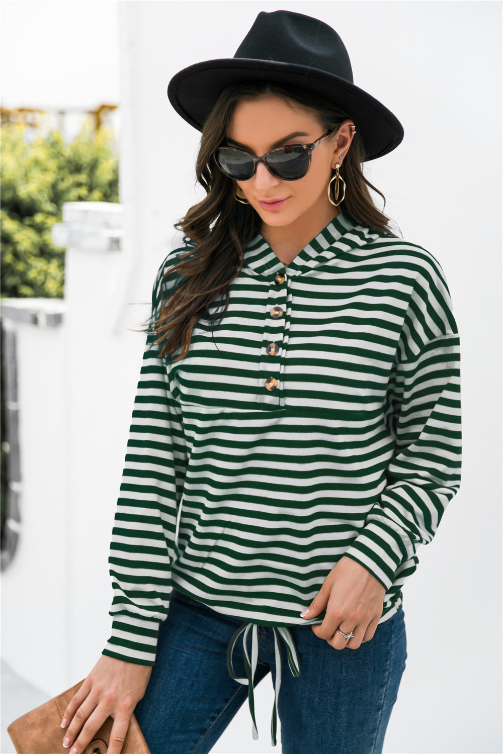 Striped Half-Button Dropped Shoulder Hoodie