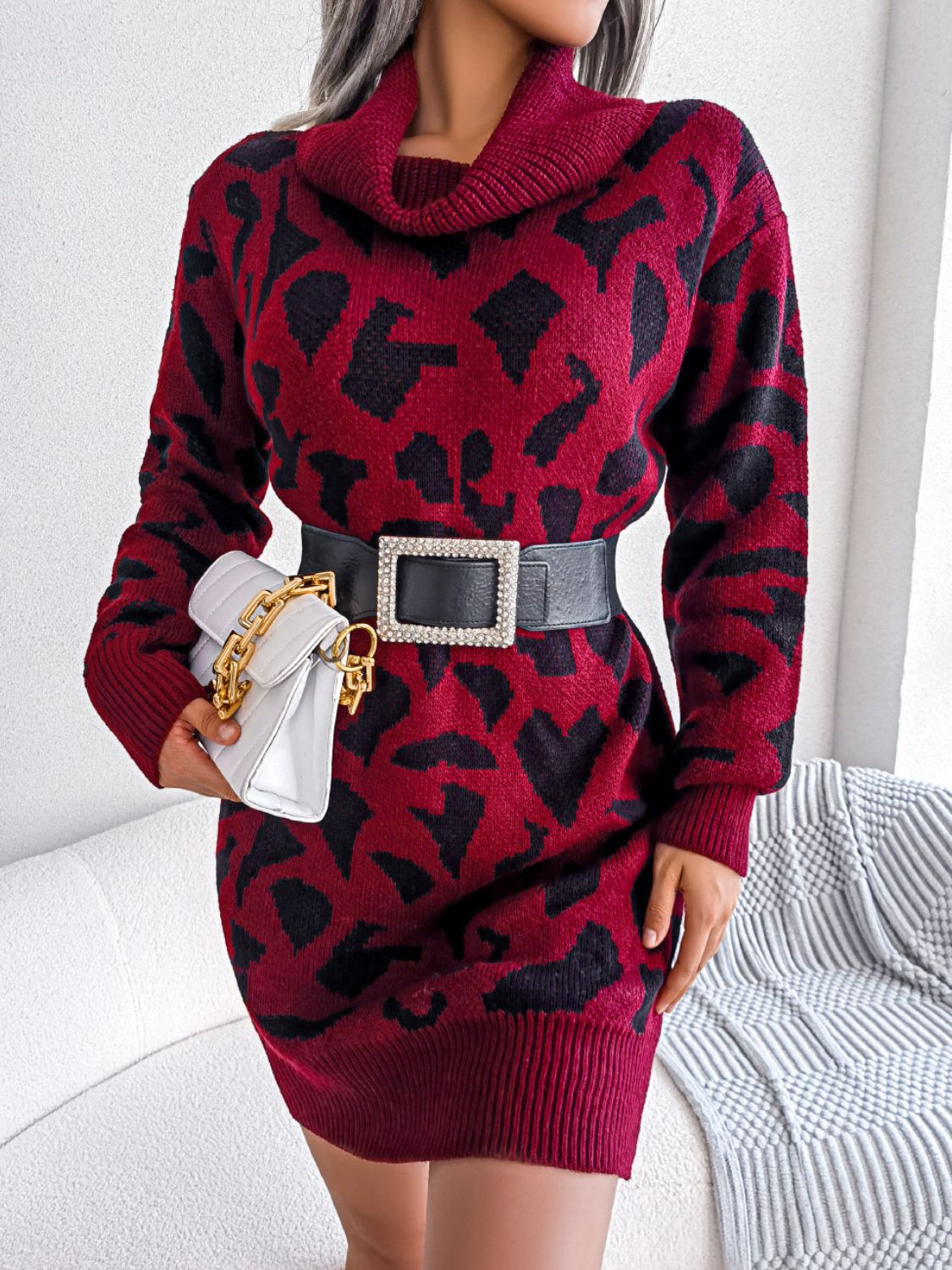 Animal Pattern Cowl Neck Mini Sweater Dress