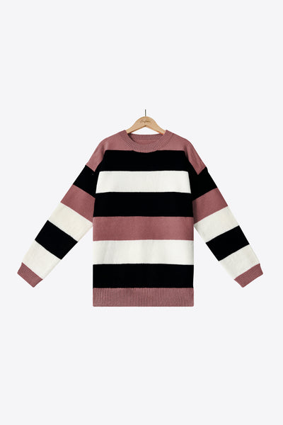 Tricolor Stripe Drop Shoulder Ribbed Trim Sweater