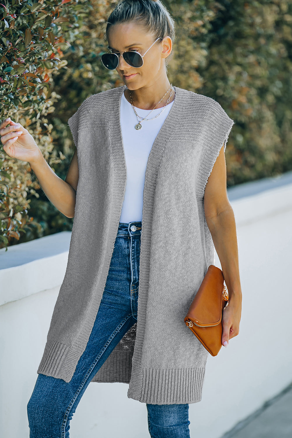Ribbed Trim Open Front Sleeveless Cardigan
