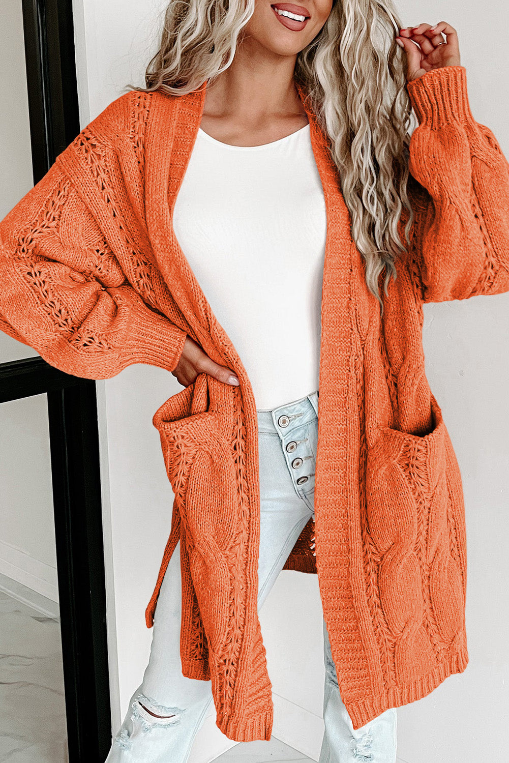 Apricot Ribbed Trim Hollow Knit Side Slits Cardigan