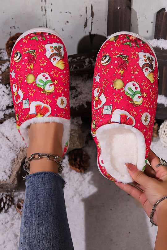 Red Christmas Cartoon Snowman Print Fuzzy Winter Slippers