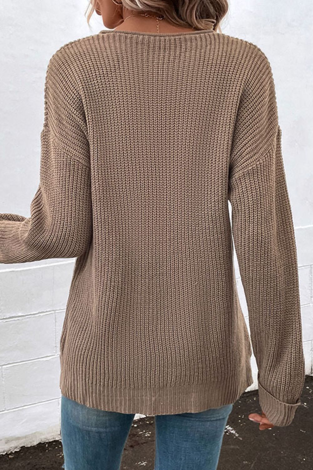 V-Neck Rib-Knit Cuffed Sleeve Pullover Sweater