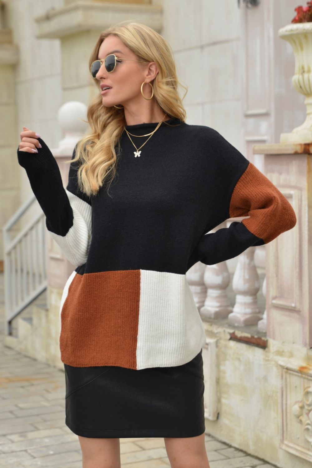 Color Block Round Neck Knit Pullover