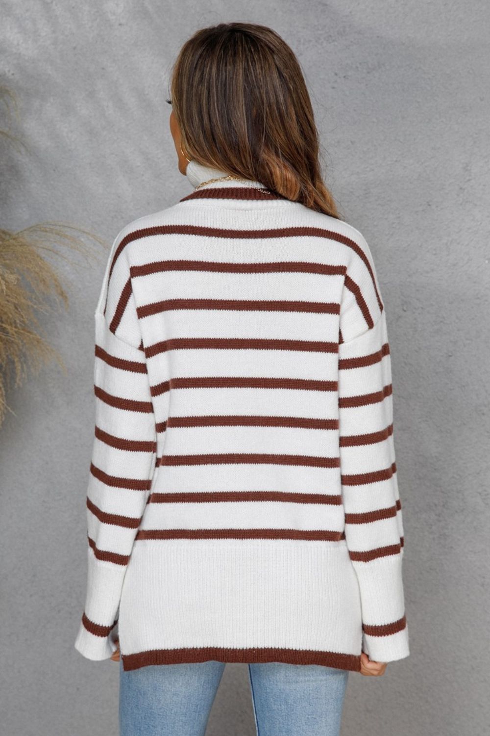 Striped Side Slit Turtleneck Sweater