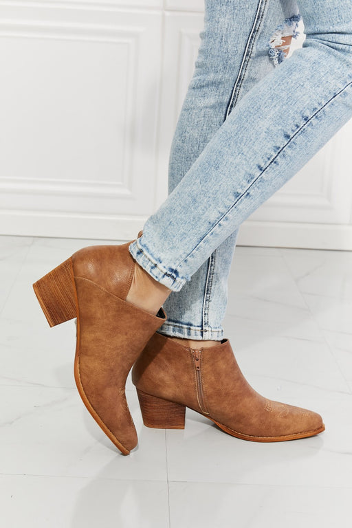 MMShoes Trust Yourself Embroidered Crossover Cowboy Bootie in Caramel - BEAUTY COSMOTICS SHOP