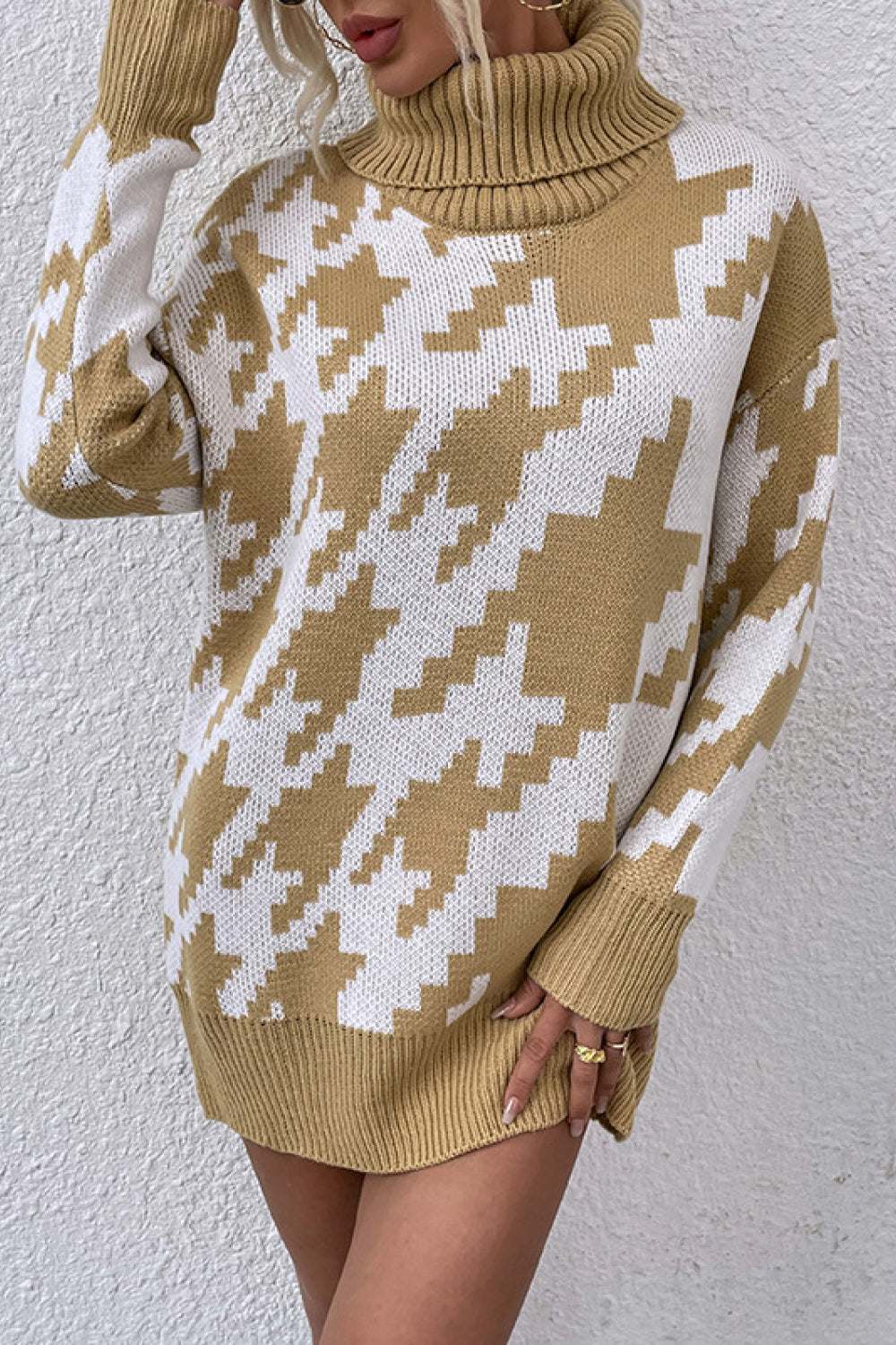 Houndstooth Long Sleeve Turtleneck Sweater