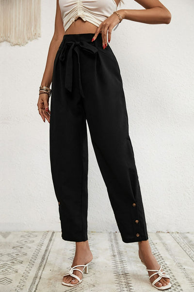 Buttoned Tie-Waist Cropped Pants