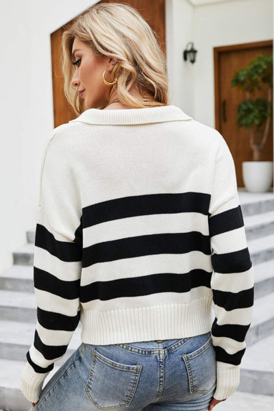Striped Johnny Collar Dropped Shoulder Sweater