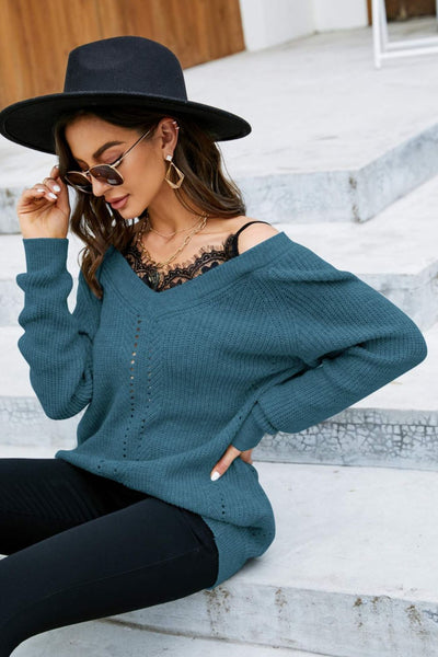 Spliced Lace Cold-Shoulder Tunic Sweater