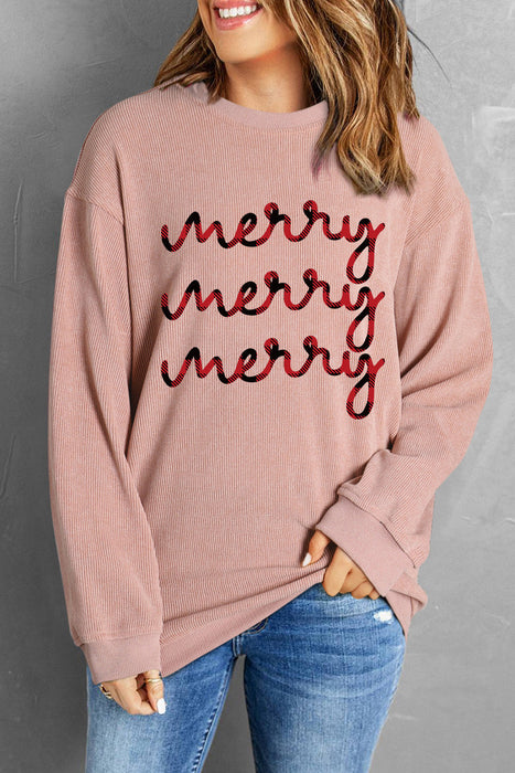 Pink Corded merry Printed Drop Shoulder Graphic Sweatshirt