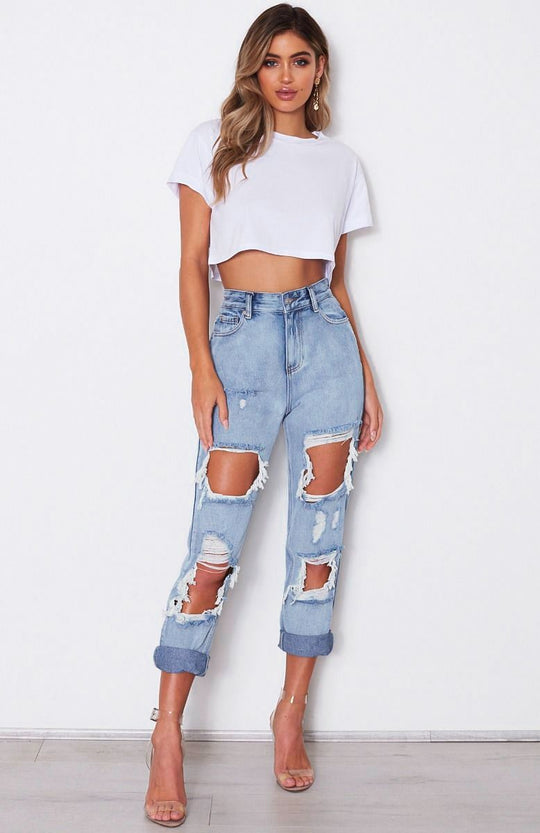 Women Clothing High Waist Loose Washed-out Denim Irregular Asymmetric Ripped Trousers