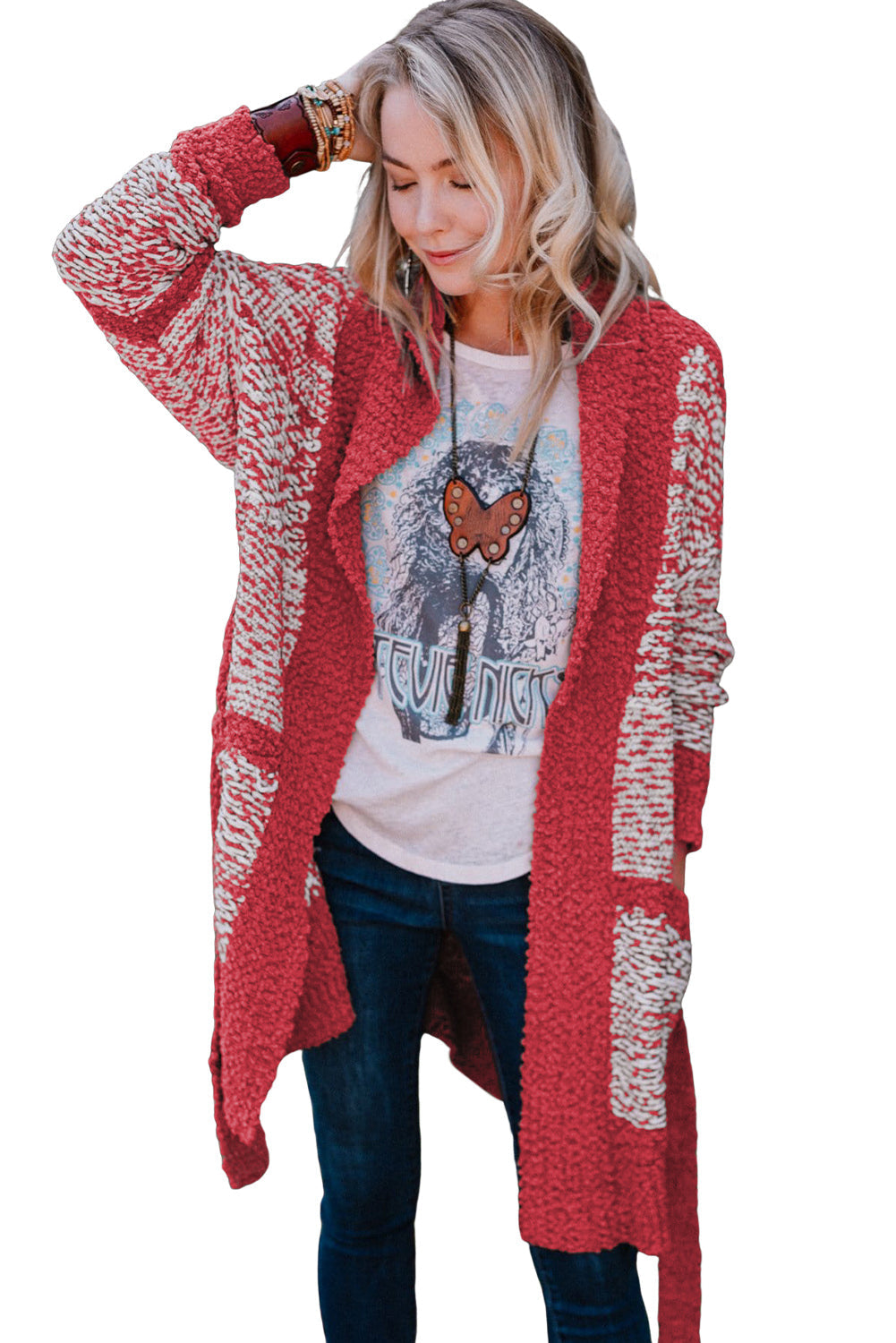 Red Contrast Trim Open Front Belted Long Cardigan