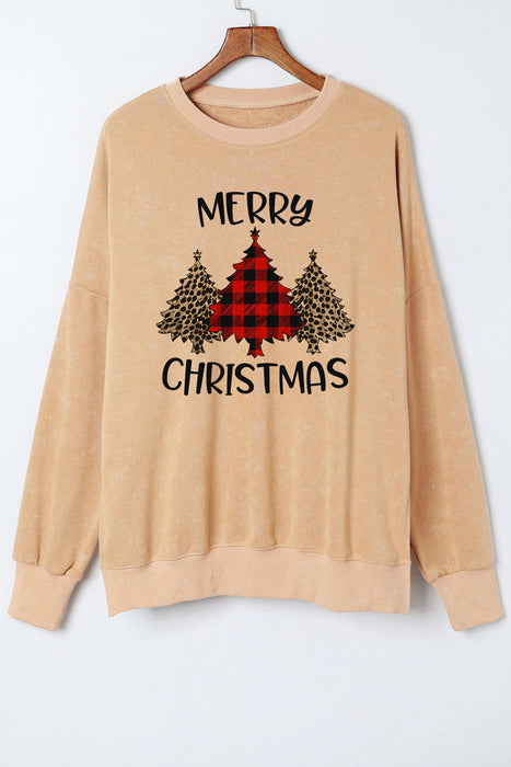 Khaki MERRY CHRISTMAS Tree Print Loose Fit Graphic Sweatshirt