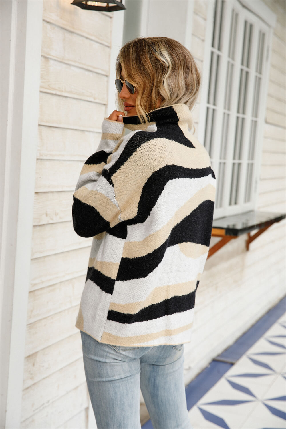 Abstract High Neck Dropped Shoulder Sweater