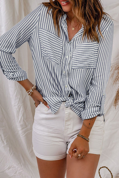Striped Button-Up Roll-Tab Sleeve Shirt