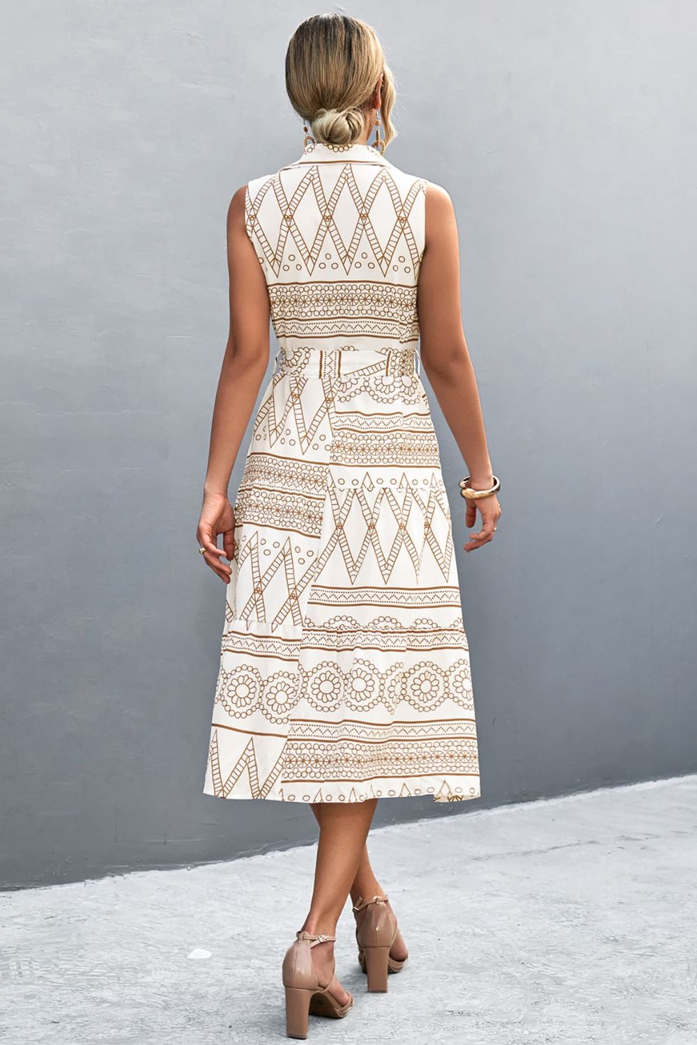 Printed Button Front Tie-Waist Sleeveless Collared Dress