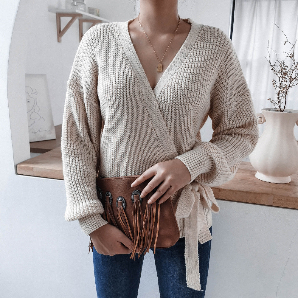 Rib-Knit Lantern Sleeve Wrap Sweater