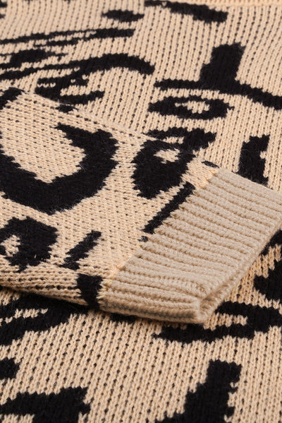 Leopard Turtleneck Slit Ribbed Trim Sweater