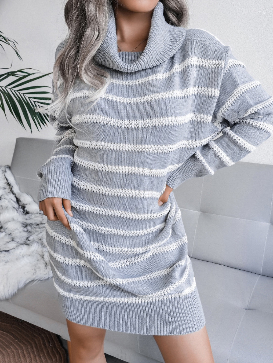 Stripped Ribbed Trim Long Sleeve Mini Sweater Dress (Belt Not Included)