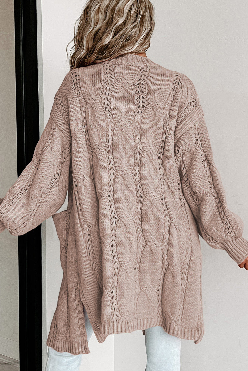 Apricot Ribbed Trim Hollow Knit Side Slits Cardigan