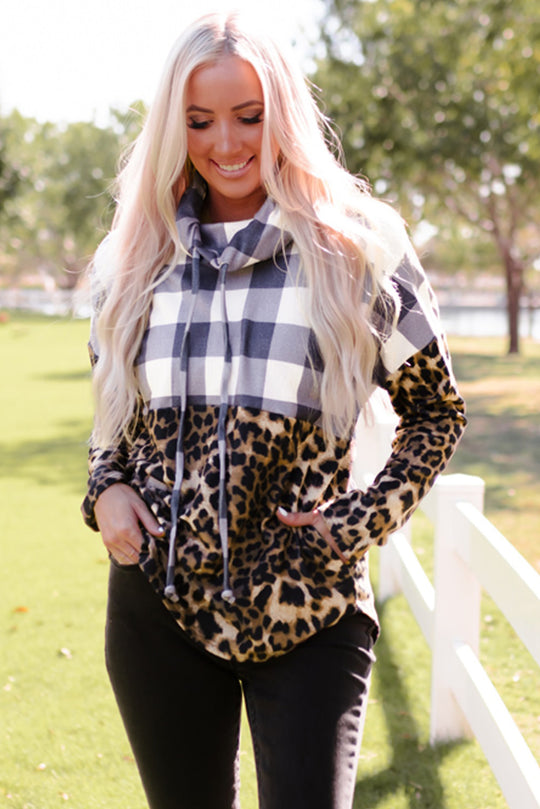 Leopard Plaid Cowl Neck Sweatshirt