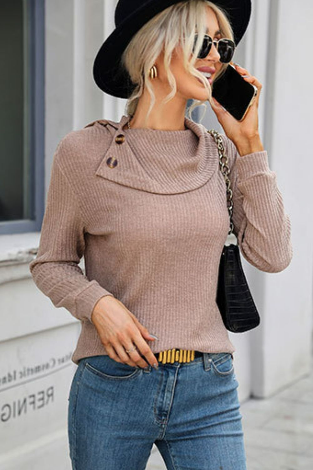 Ribbed Decorative Button Knit Top