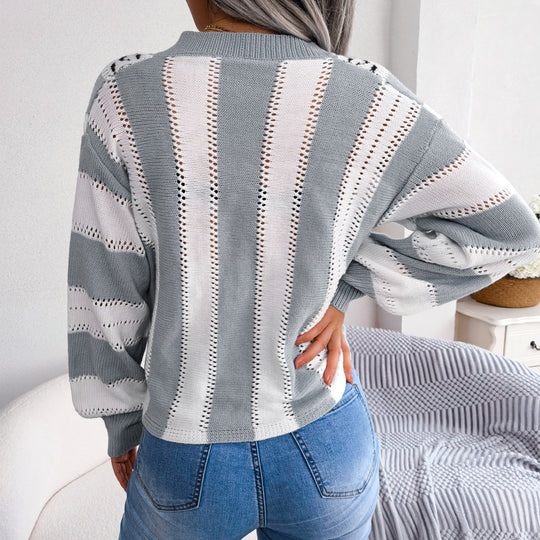 Striped Lantern Sleeve V-Neck Sweater