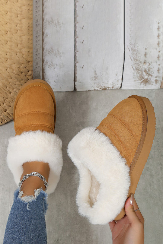Camel Plush Suede Patchwork Thick Sole Slippers