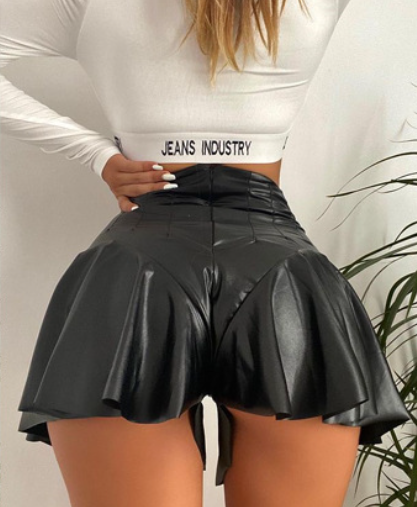 Faux Leather Casual Pants Pleated Pants Skirt Sheath A- line Shorts Leather Skirt Ruffled Small Leather Pants