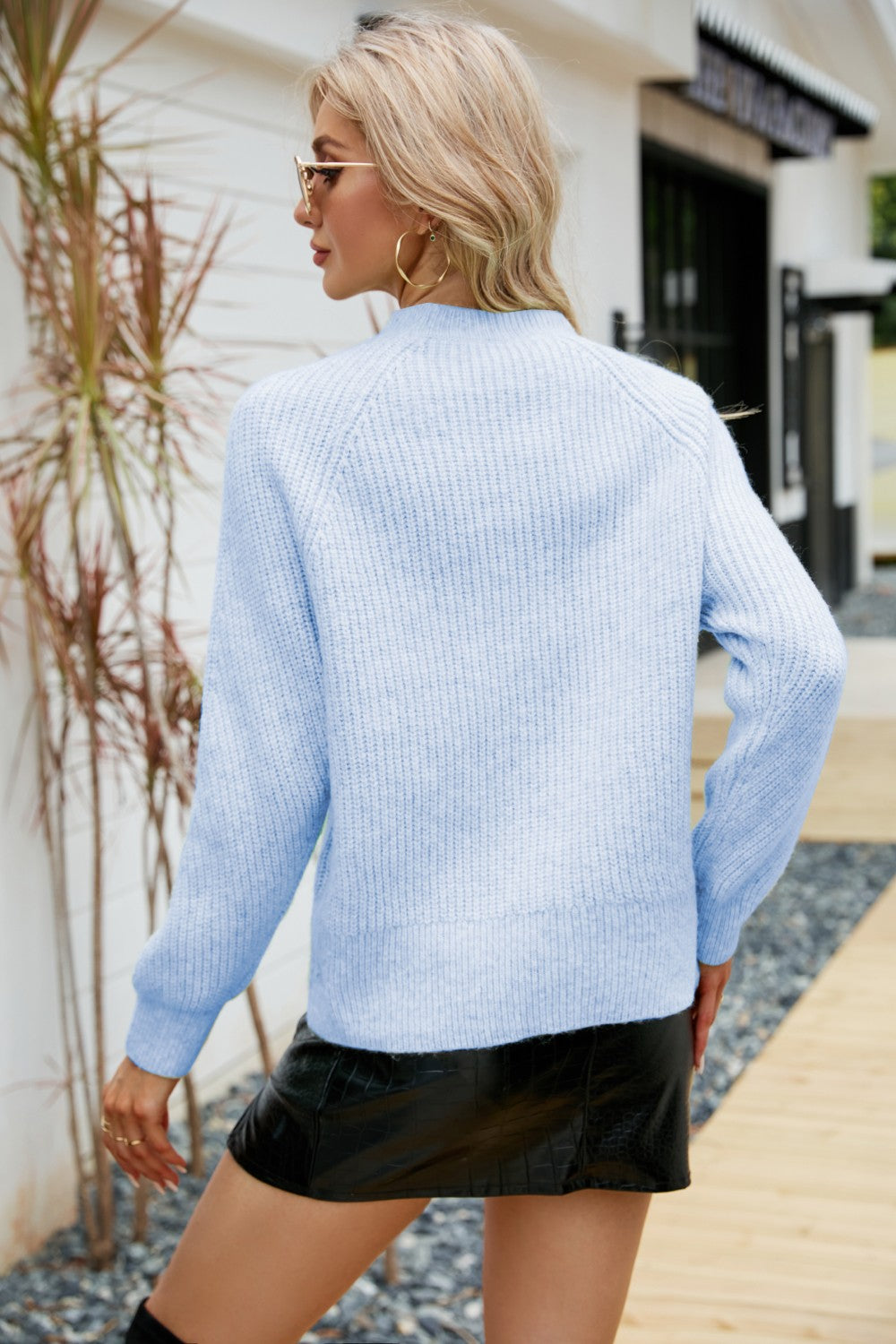 Rib-Knit Raglan Sleeve Crewneck Sweater